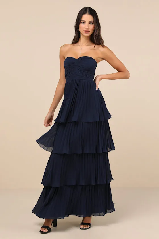 Seriously Sensational Navy Blue Strapless Tiered Maxi Dress sold by Lulus