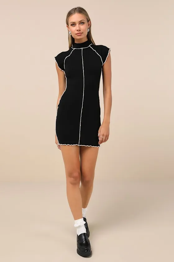 Cool Vibe Black Ribbed Short Sleeve Mock Neck Mini Dress sold by Lulus product image thumbnail 2