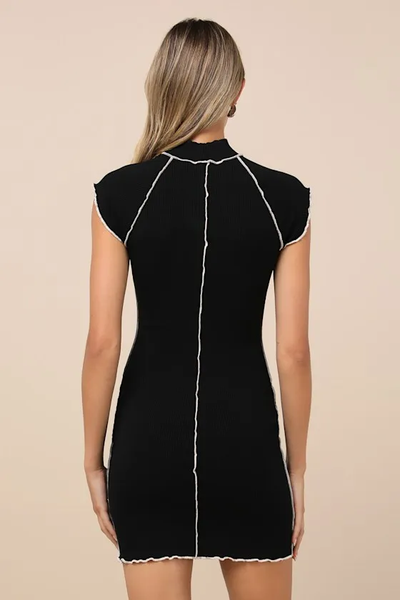 Cool Vibe Black Ribbed Short Sleeve Mock Neck Mini Dress sold by Lulus product image thumbnail 3
