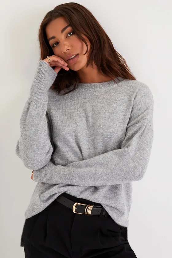Autumn Allure Heather Grey Crew Neck Oversized Pullover Sweater sold by Lulus
