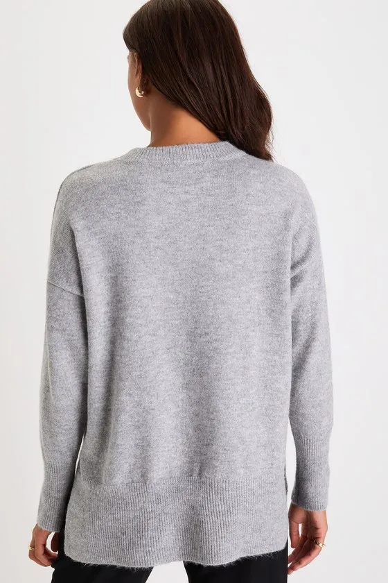 Autumn Allure Heather Grey Crew Neck Oversized Pullover Sweater sold by Lulus product image thumbnail 3