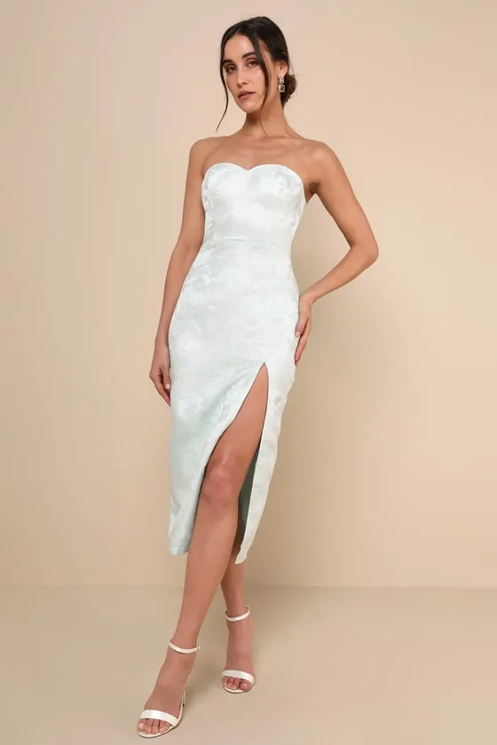 Beloved Belle Mint Green Jacquard Strapless Bow Midi Dress sold by Lulus