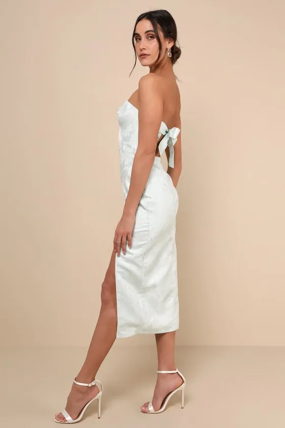 Beloved Belle Mint Green Jacquard Strapless Bow Midi Dress sold by Lulus product image thumbnail 3