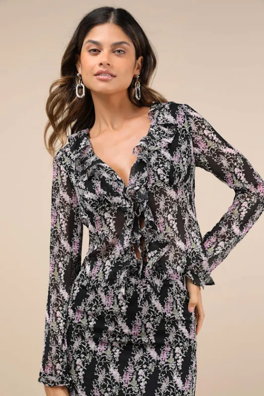 Anai Black Floral Print Ruffled Tie-Front Long Sleeve Top sold by Lulus