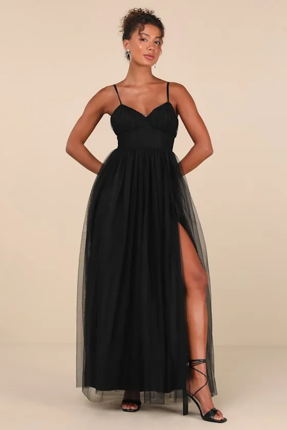 Convincingly Graceful Black Tulle Sleeveless Maxi Dress sold by Lulus