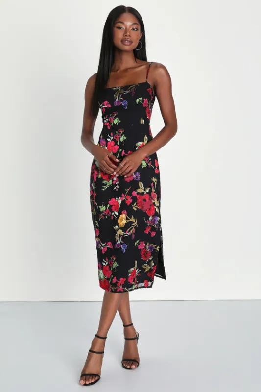 Garden Sensation Black Floral Burnout Sleeveless Midi Dress sold by Lulus