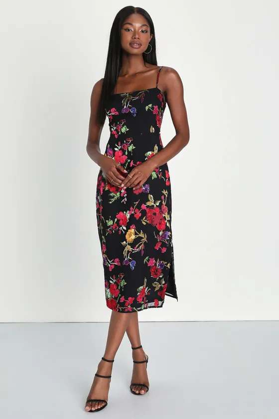 Garden Sensation Black Floral Burnout Sleeveless Midi Dress sold by Lulus