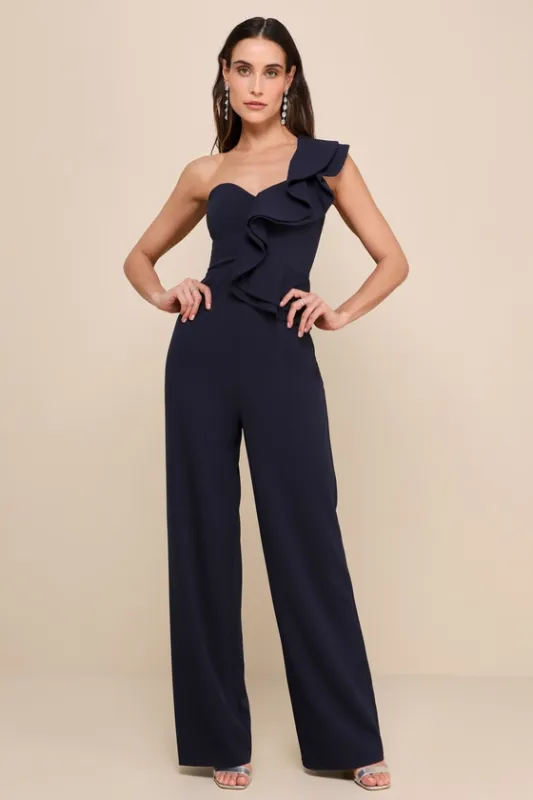Kiss Me Again Navy Blue Ruffled One-Shoulder Jumpsuit sold by Lulus