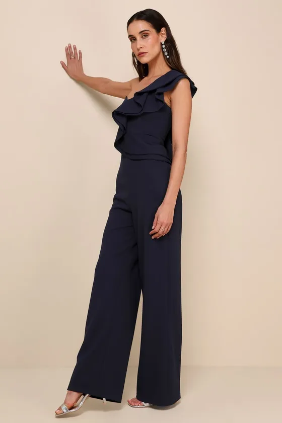 Kiss Me Again Navy Blue Ruffled One-Shoulder Jumpsuit sold by Lulus product image thumbnail 2