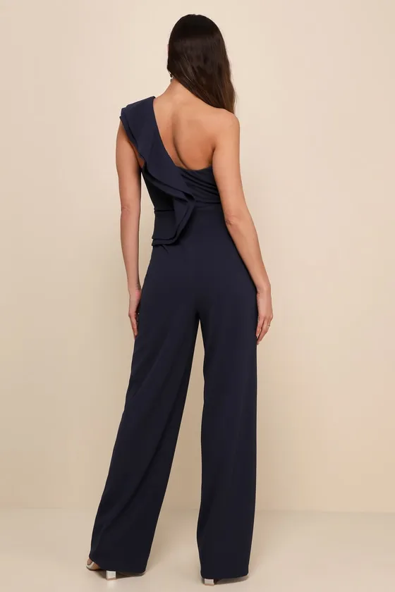 Kiss Me Again Navy Blue Ruffled One-Shoulder Jumpsuit sold by Lulus product image thumbnail 3