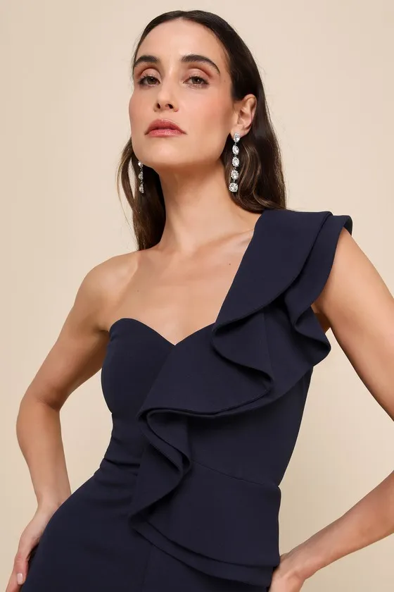 Kiss Me Again Navy Blue Ruffled One-Shoulder Jumpsuit sold by Lulus product image thumbnail 4