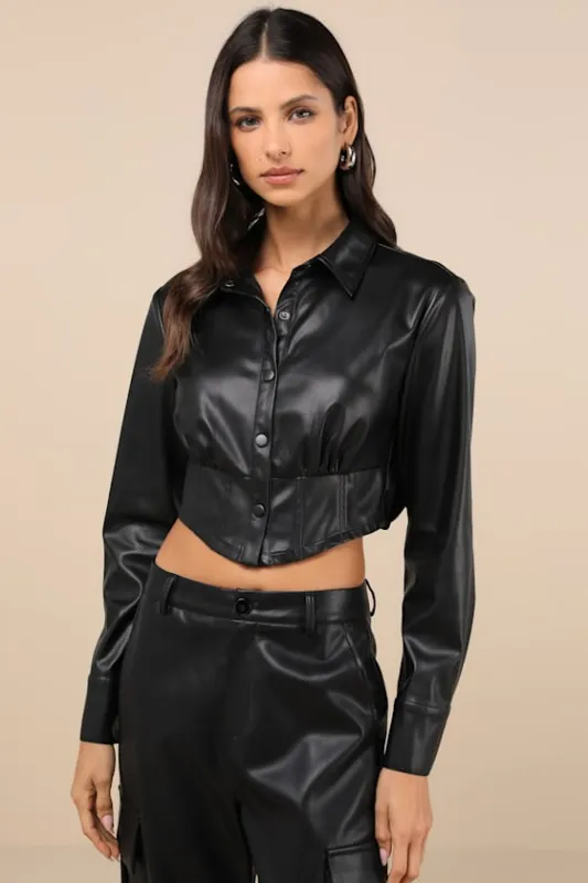 Exceptionally Intriguing Black Vegan Leather Button-Front Top sold by Lulus