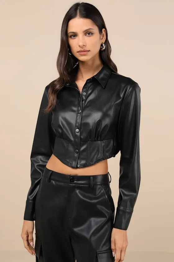 Exceptionally Intriguing Black Vegan Leather Button-Front Top sold by Lulus