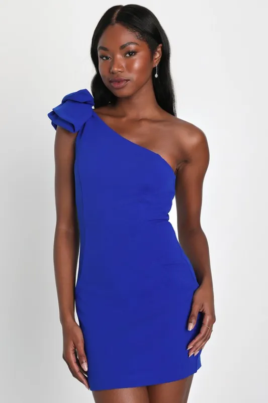 Unstoppable Stunner Royal Blue Ruffled One-Shoulder Mini Dress sold by Lulus