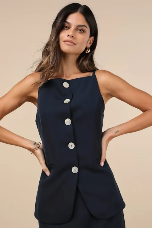 Polished Influence Navy Button-Front Vest Top sold by Lulus