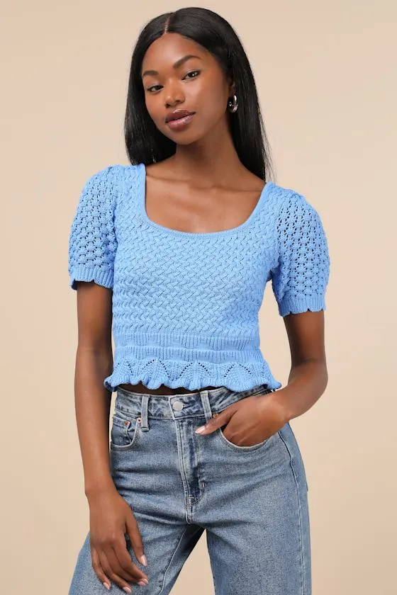 Lucky Cutie Blue Crochet Short Sleeve Sweater Top sold by Lulus