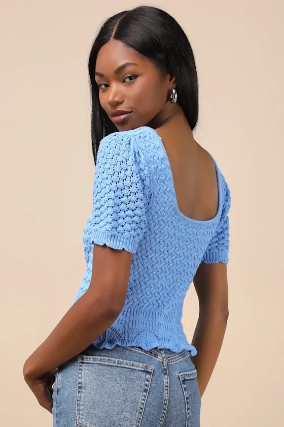Lucky Cutie Blue Crochet Short Sleeve Sweater Top sold by Lulus product image thumbnail 2