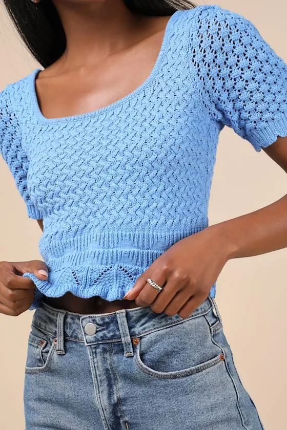 Lucky Cutie Blue Crochet Short Sleeve Sweater Top sold by Lulus product image thumbnail 4