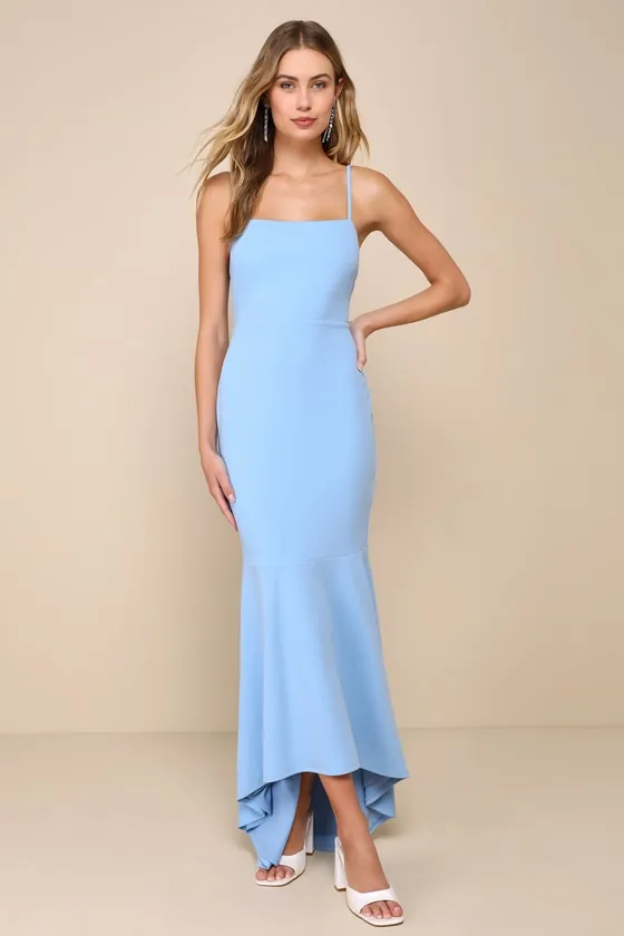 Stunning Enchantment Light Blue Backless Trumpet Hem Maxi Dress sold by Lulus