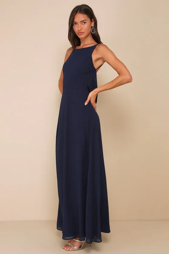 Sophisticated Pose Navy Chiffon Boat Neck Backless Maxi Dress sold by Lulus