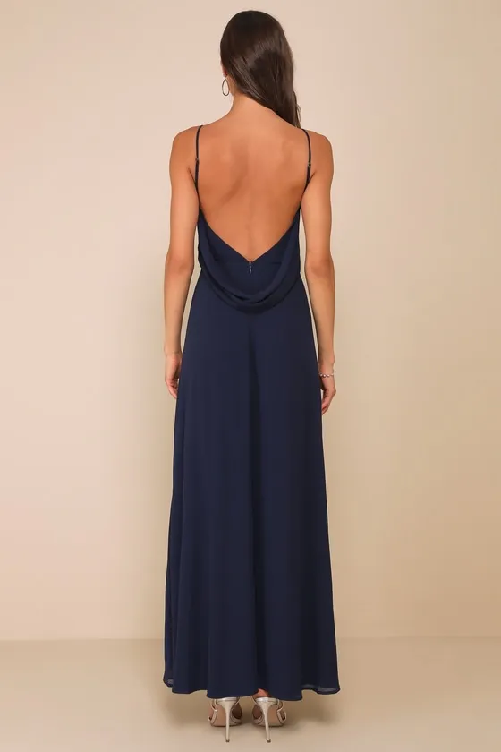 Sophisticated Pose Navy Chiffon Boat Neck Backless Maxi Dress sold by Lulus product image thumbnail 2