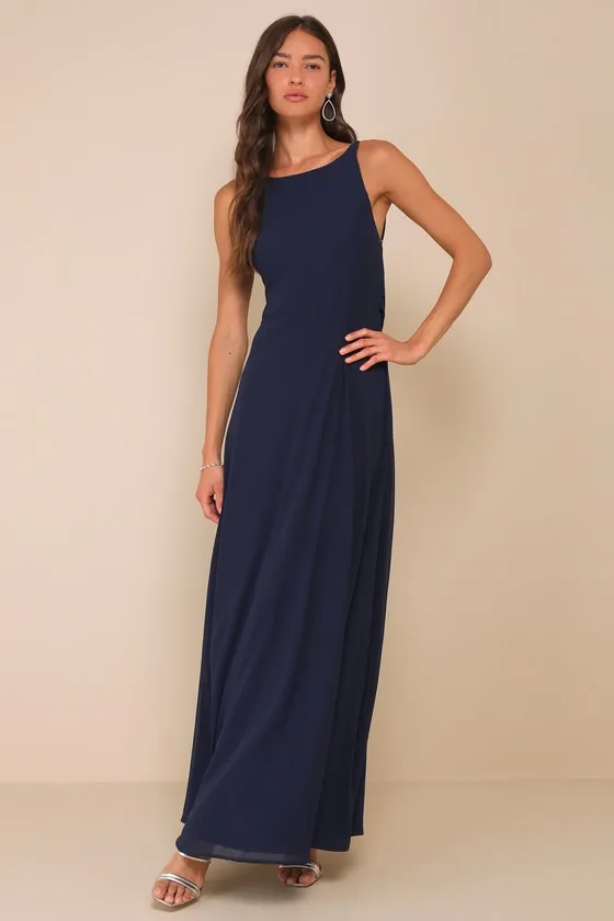 Sophisticated Pose Navy Chiffon Boat Neck Backless Maxi Dress sold by Lulus product image thumbnail 3