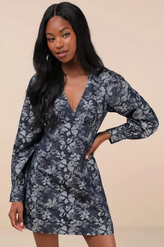 Darling Girl Dark Blue Floral Denim Long Sleeve Mini Dress sold by Lulus