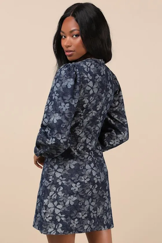 Darling Girl Dark Blue Floral Denim Long Sleeve Mini Dress sold by Lulus product image thumbnail 2