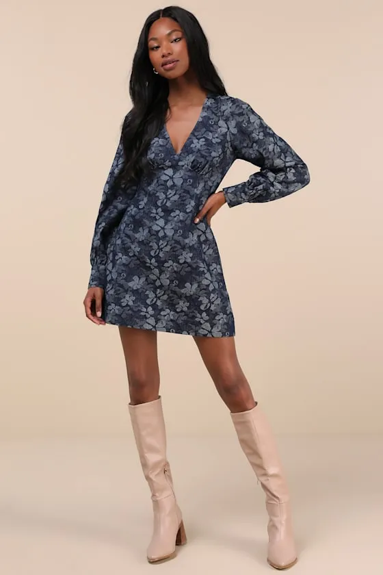 Darling Girl Dark Blue Floral Denim Long Sleeve Mini Dress sold by Lulus product image thumbnail 3