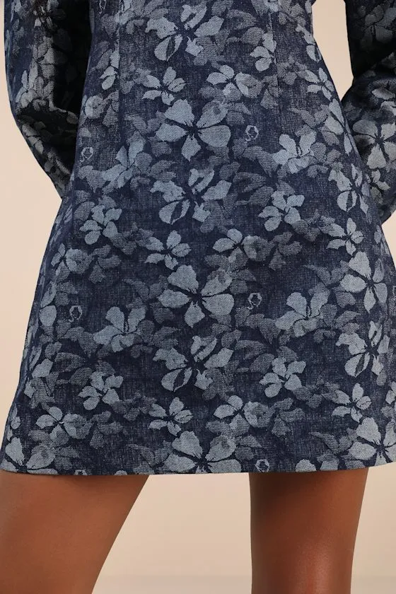 Darling Girl Dark Blue Floral Denim Long Sleeve Mini Dress sold by Lulus product image thumbnail 4