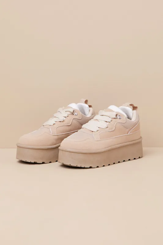 Eilika Sand Suede Lace-Up Flatform Sneakers made by Lulus