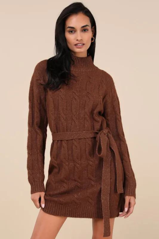 Warmed Up To You Brown Cable Knit Mock Neck Sweater Dress sold by Lulus