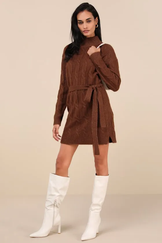 Warmed Up To You Brown Cable Knit Mock Neck Sweater Dress sold by Lulus product image thumbnail 2