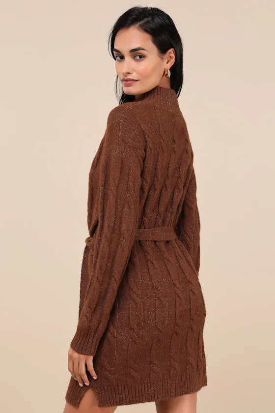 Warmed Up To You Brown Cable Knit Mock Neck Sweater Dress sold by Lulus product image thumbnail 3