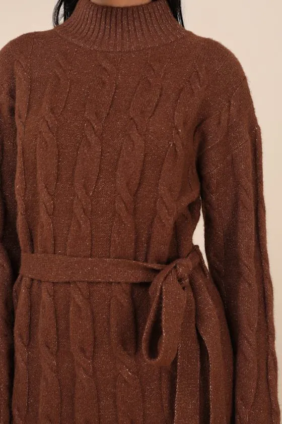 Warmed Up To You Brown Cable Knit Mock Neck Sweater Dress sold by Lulus product image thumbnail 4