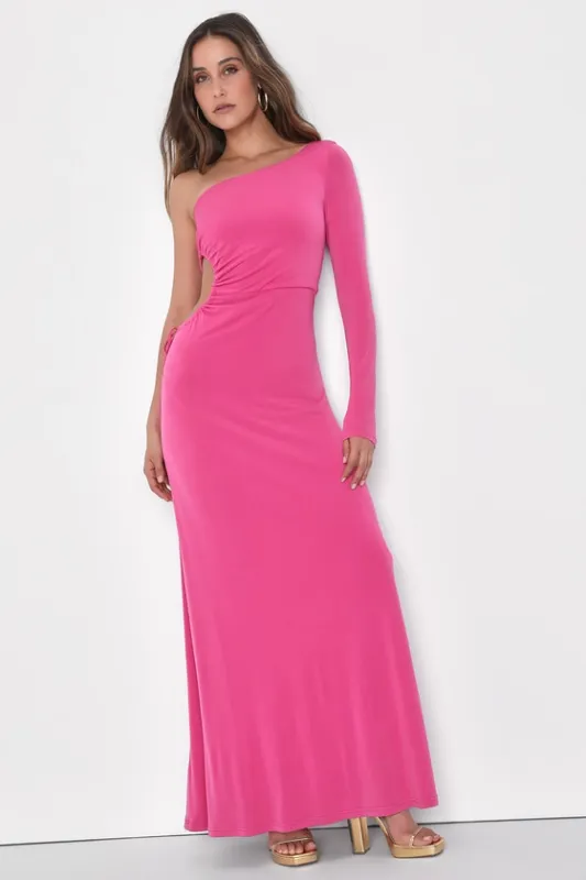 Sweet Flirt Pink Long Sleeve One-Shoulder Cutout Maxi Dress sold by Lulus
