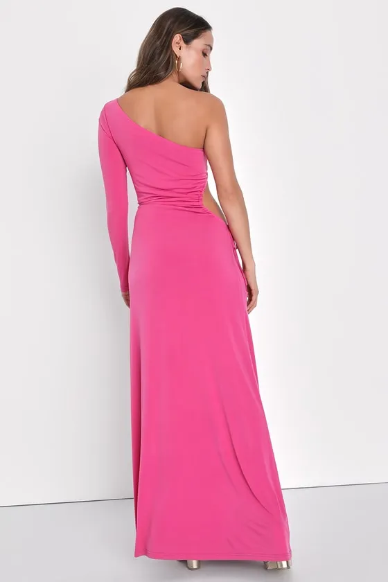 Sweet Flirt Pink Long Sleeve One-Shoulder Cutout Maxi Dress sold by Lulus product image thumbnail 4