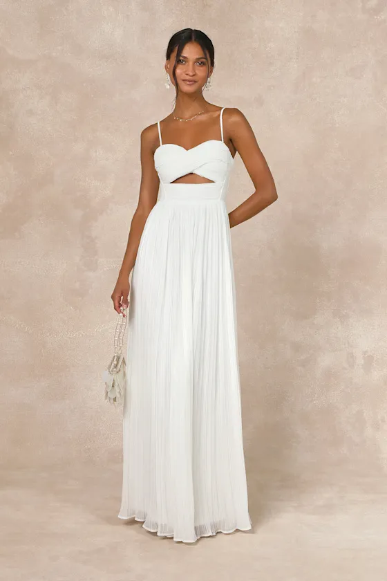 Glorious Elegance White Pleated Sleeveless Lace-Up Maxi Dress sold by Lulus