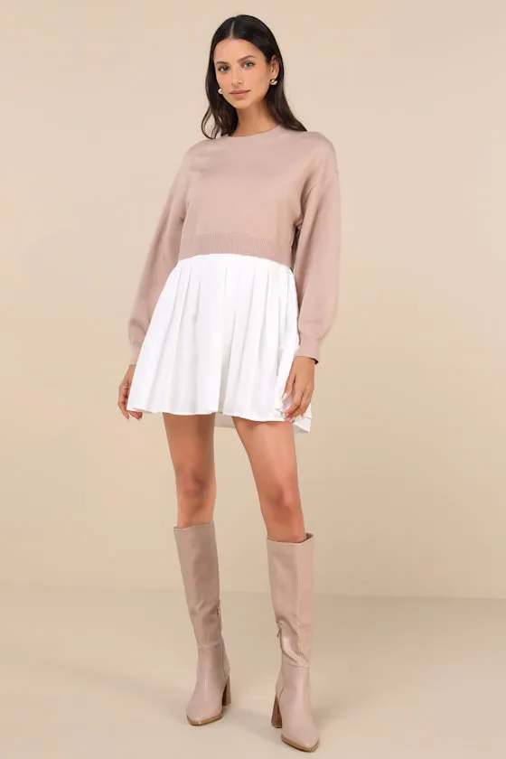 Contemporary Comfort Beige Layered Pleated Sweater Mini Dress sold by Lulus product image thumbnail 2