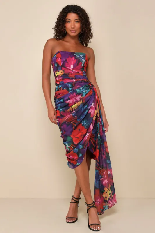 Uncommon Aesthetic Black Floral Strapless Bodycon Midi Dress sold by Lulus