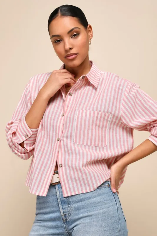 Chic Marvel Pink and Ivory Striped Button-Up Long Sleeve Top sold by Lulus