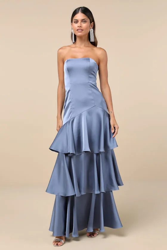 Blissfully Beautiful Slate Satin Strapless Tiered Maxi Dress sold by Lulus