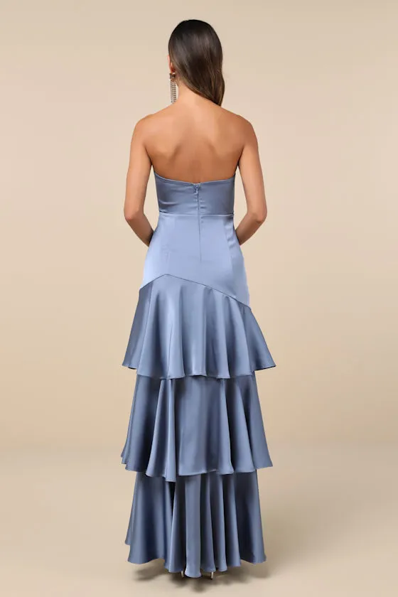 Blissfully Beautiful Slate Satin Strapless Tiered Maxi Dress sold by Lulus product image thumbnail 2