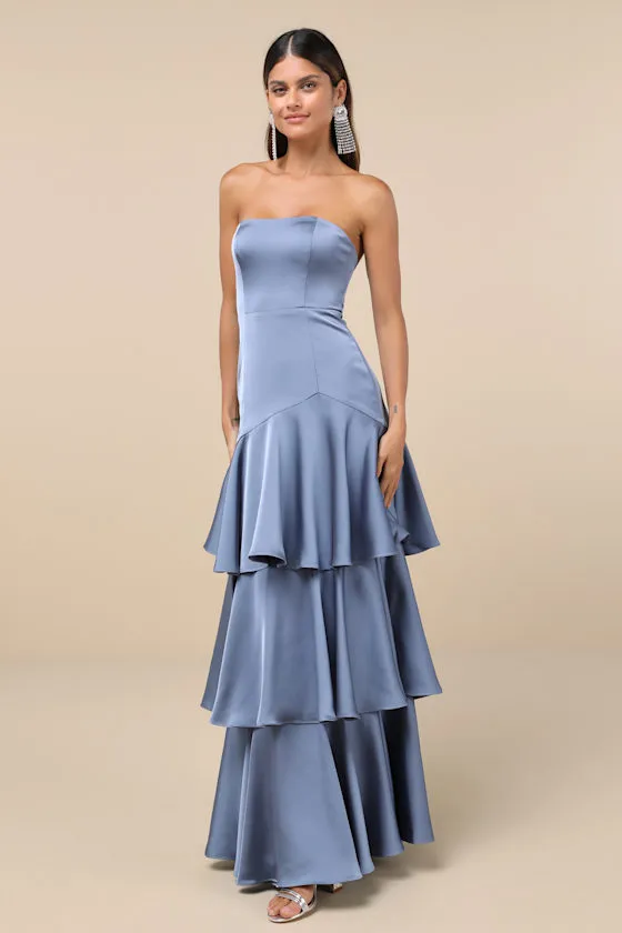 Blissfully Beautiful Slate Satin Strapless Tiered Maxi Dress sold by Lulus product image thumbnail 3