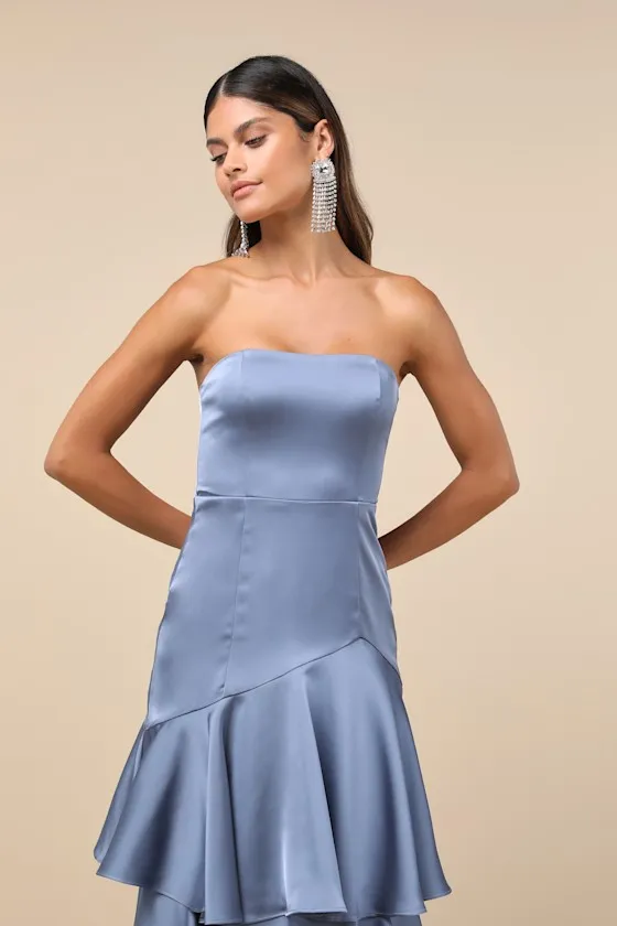 Blissfully Beautiful Slate Satin Strapless Tiered Maxi Dress sold by Lulus product image thumbnail 4