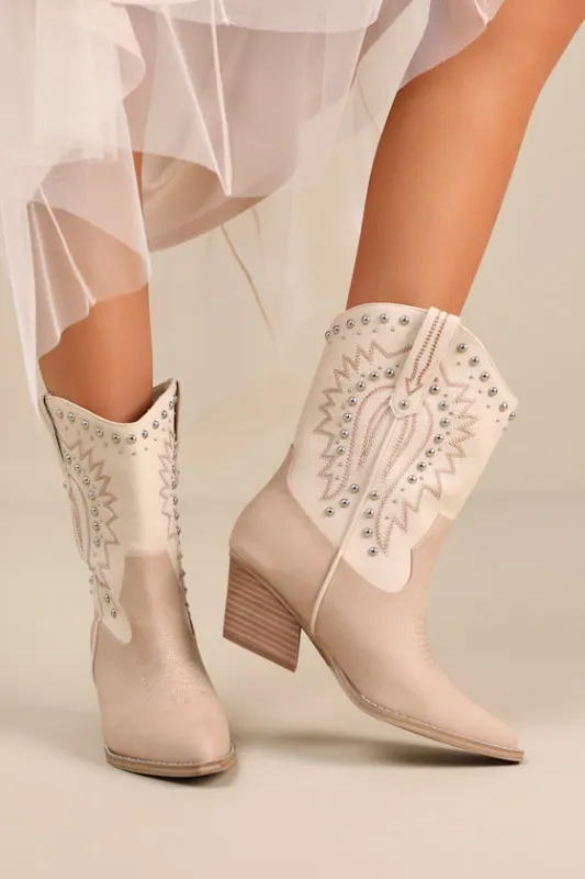 Aledo Sand Multi Suede Studded Mid-Calf Western Boots made by DV by Dolce Vita