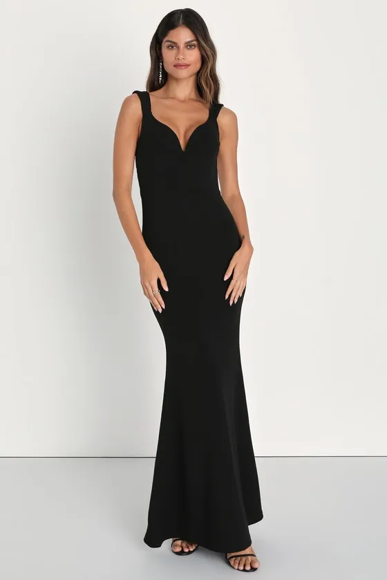 Alluring Temptation Black Backless Ruched Mermaid Maxi Dress sold by Lulus