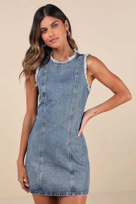 Solara Medium Wash Denim Raw Edge Shift Mini Dress sold by Lulus