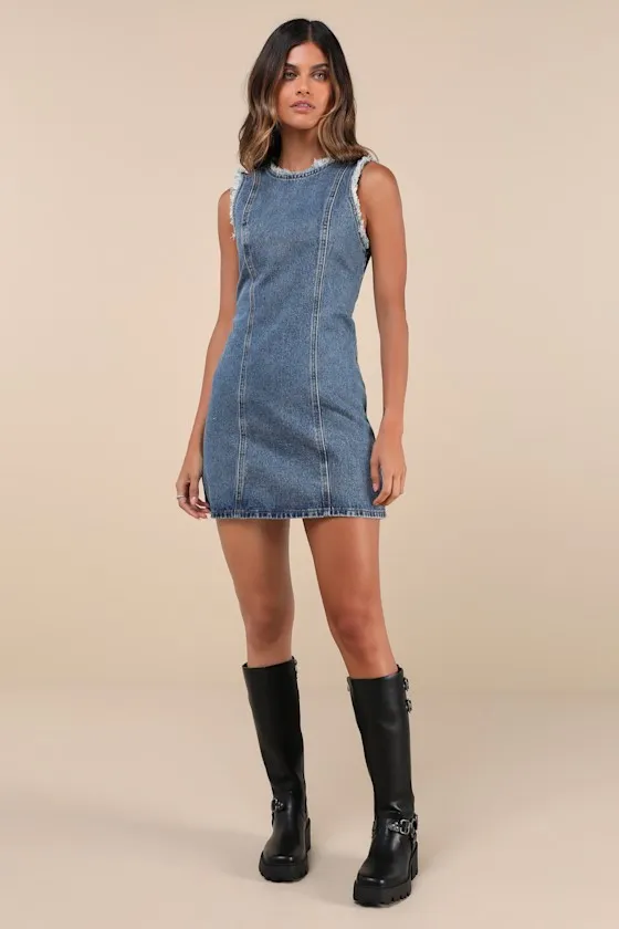 Solara Medium Wash Denim Raw Edge Shift Mini Dress sold by Lulus product image thumbnail 2