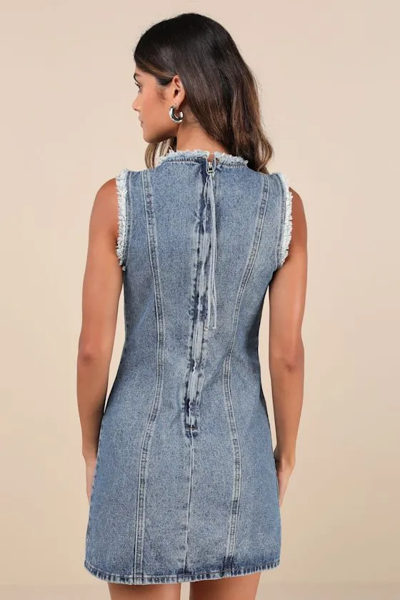 Solara Medium Wash Denim Raw Edge Shift Mini Dress sold by Lulus product image thumbnail 3